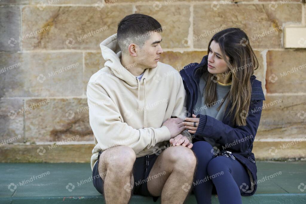 Two People Talking And Sitting On Steps In Front Building Mindframe Online Image Collection 